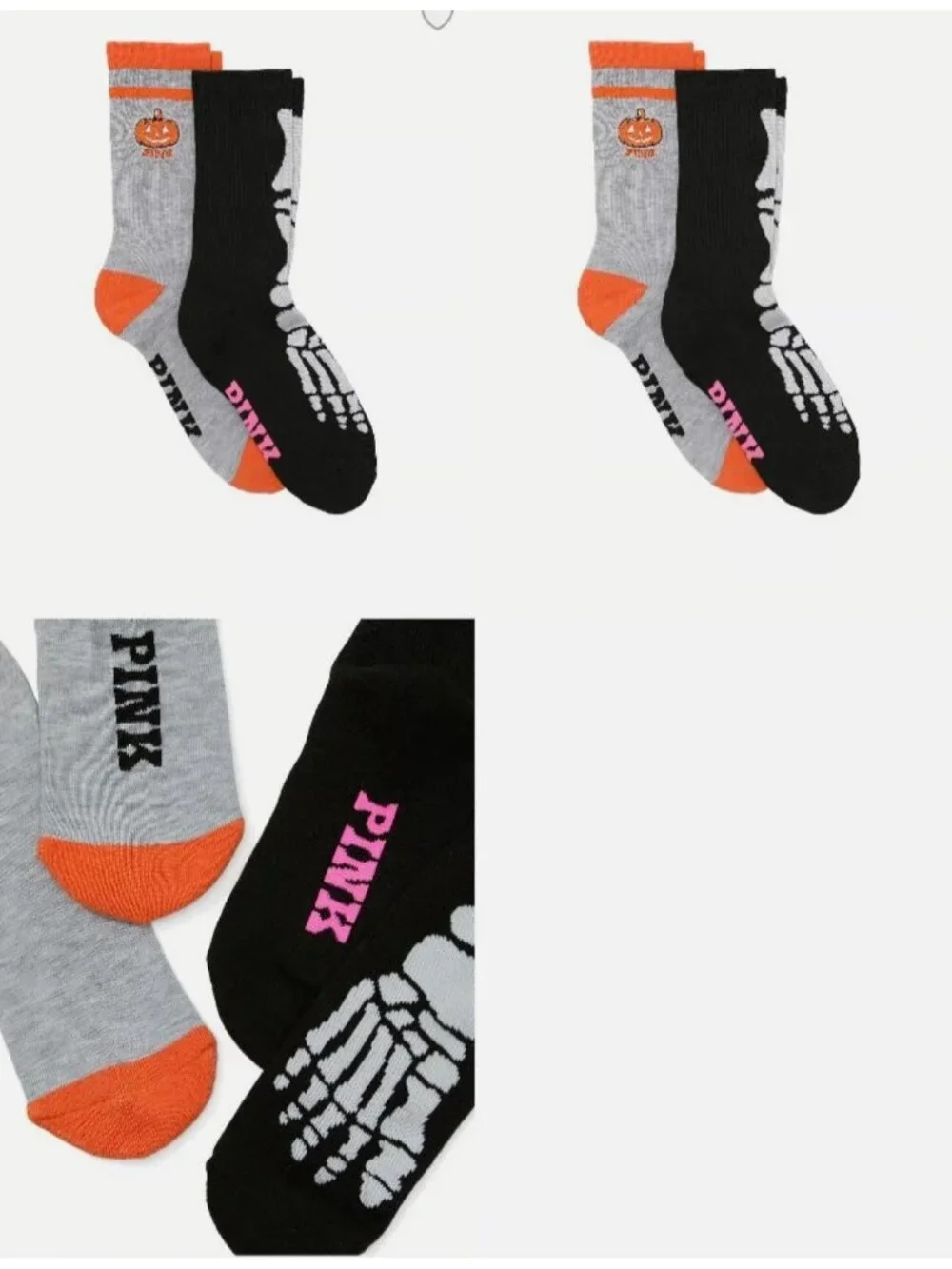 2X Victoria's Secret PINK 2 Pack Crew Socks NWT Halloween Skeleton 4 PAIR